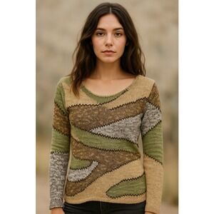 Jh Collectibles Boho Earthy Intarsia Open Knit Sweater L Coastal Basics Textured